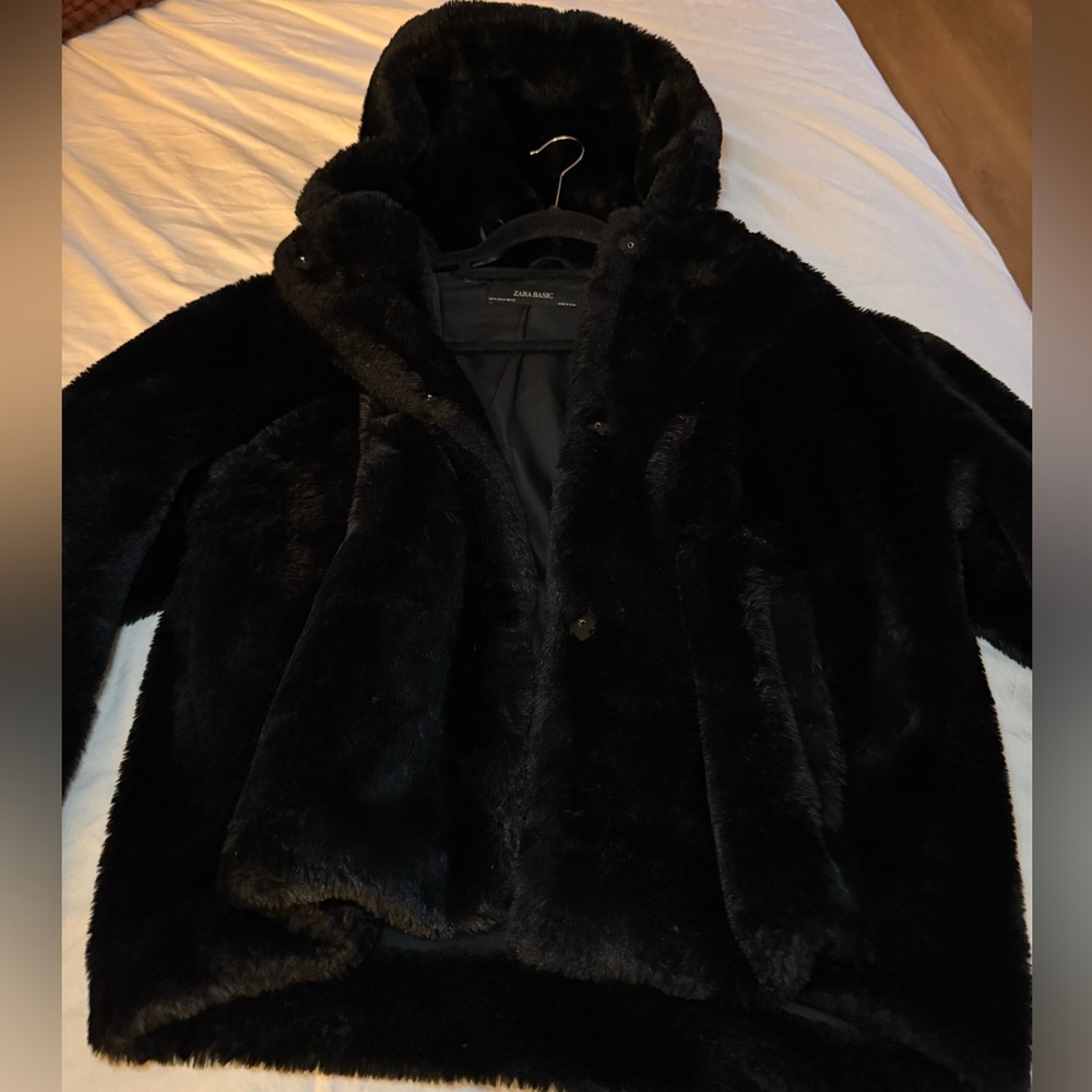 Zara Black Teddy Jacket with Hood